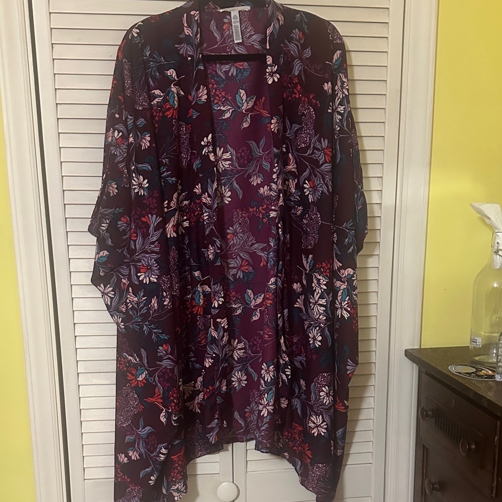 BCBGeneration Floral Draped Kimono in Plum with Pink, Blue and Red Accents
